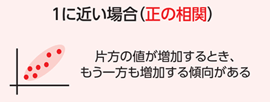 1に近い場合（正の相関） 片方の値が増加するとき、もう一方も増加する傾向がある